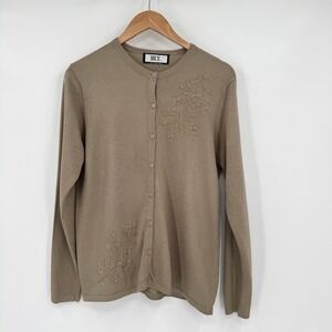 Bicé Light Brown Button Front Embroidered Knit Long Sleeve Sweater Women's